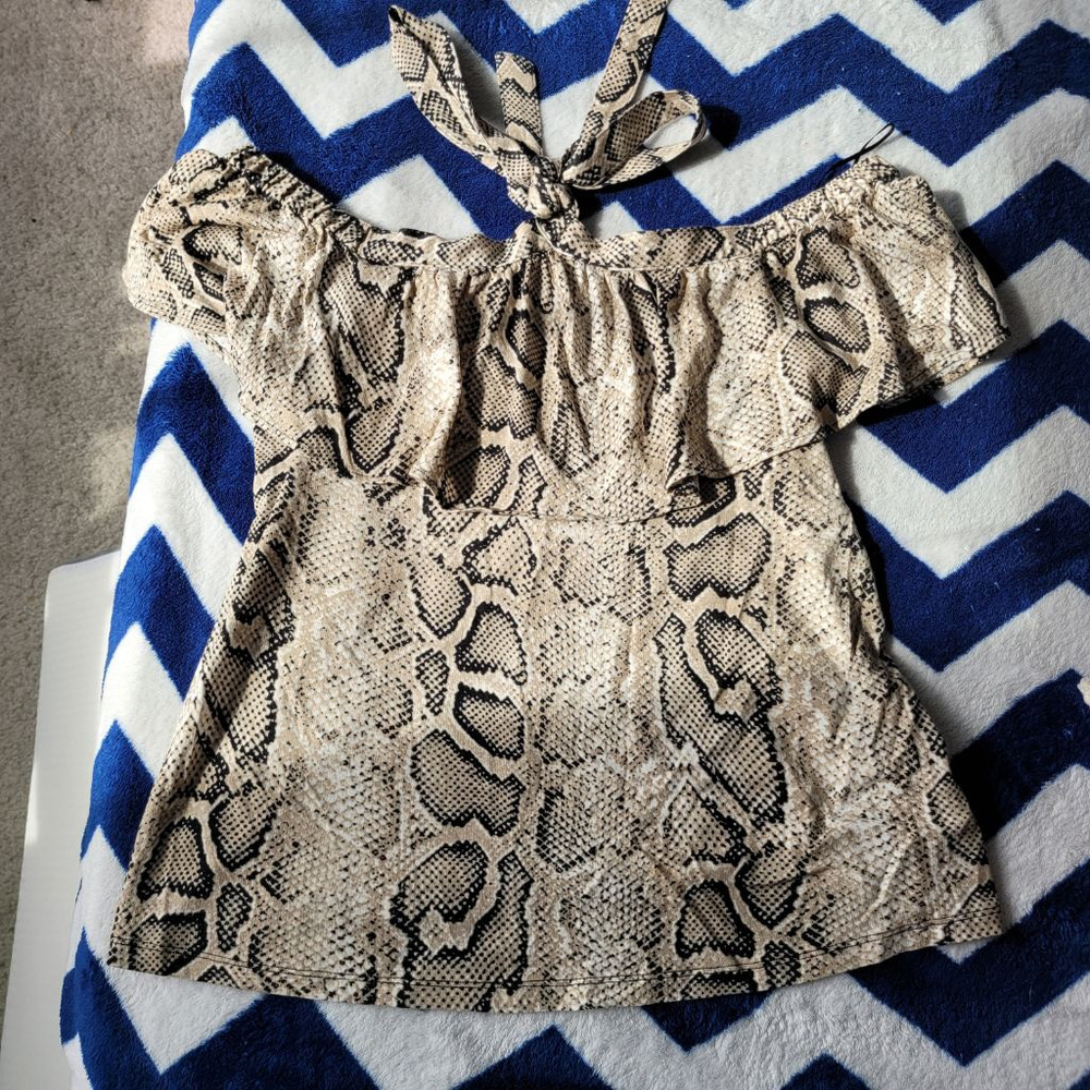 Women's Michael Kors Snake Print Off-Shoulder Top S Beige Black